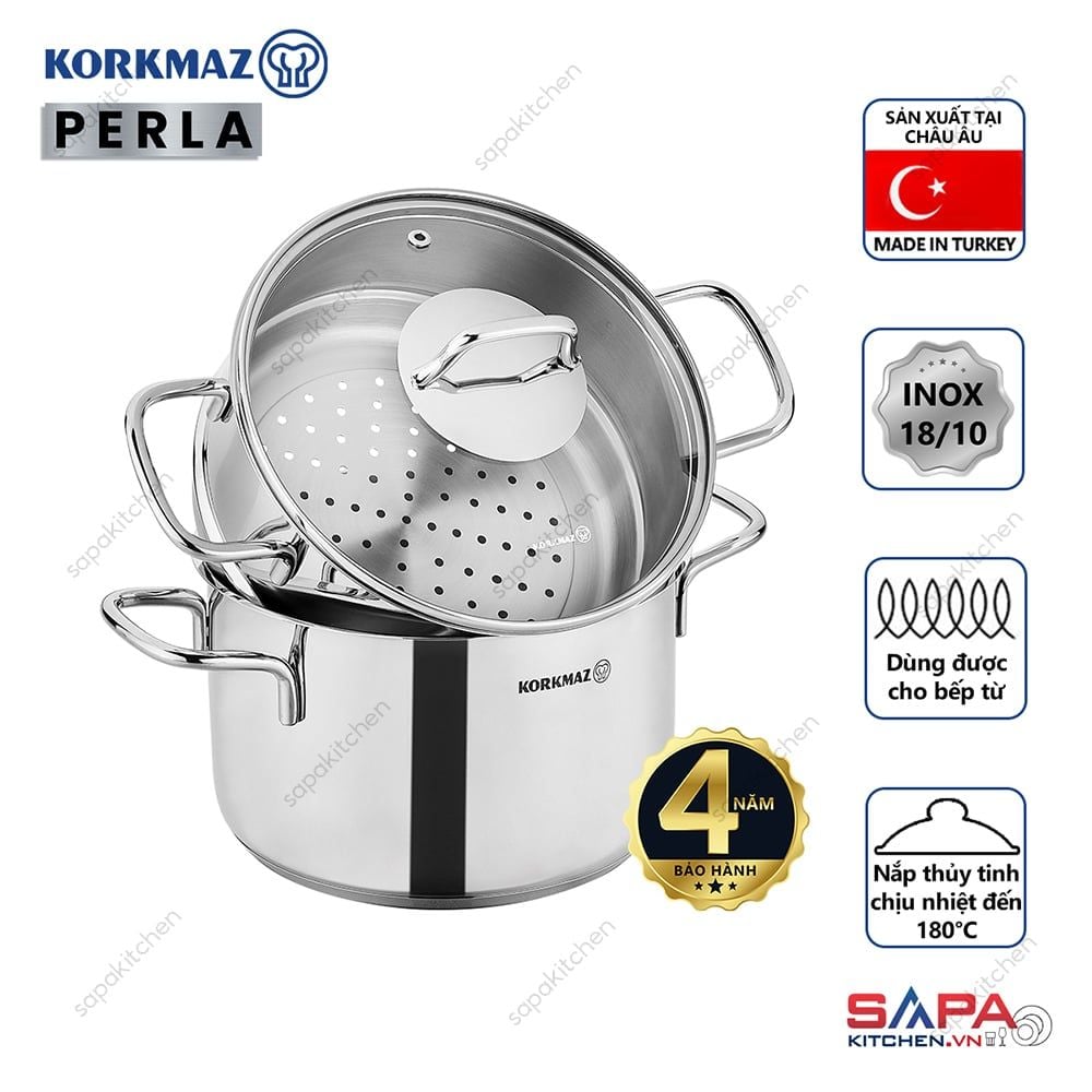  [GIẢM THÊM 10%-10DAAN3HM5DFVI] Bộ nồi xửng hấp inox cao cấp Korkmaz Perla 24cm - A1522 