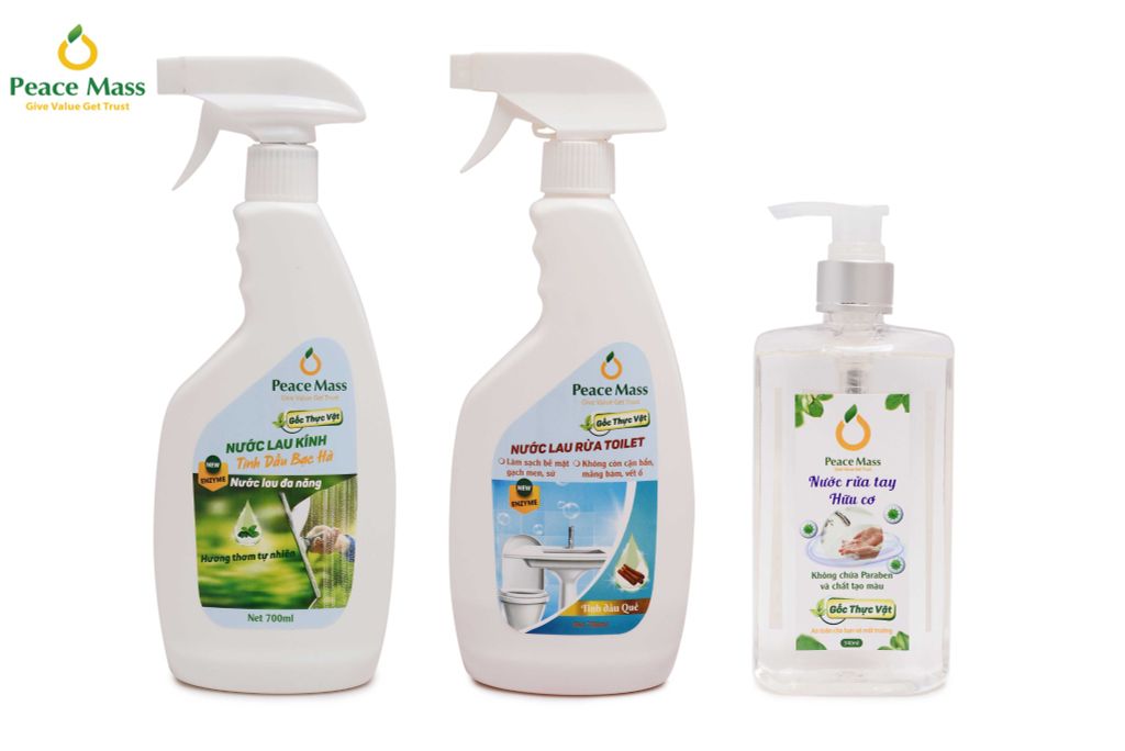  TLC2 Combo Sản Phẩm Gốc Thực Vật Peace Mass Nước Cọ Toilet + Nước Lau Kính 700ml + Nước Rửa Tay 340ml (Thuộc nhóm Sản phẩm Lành tính / Hữu cơ) 