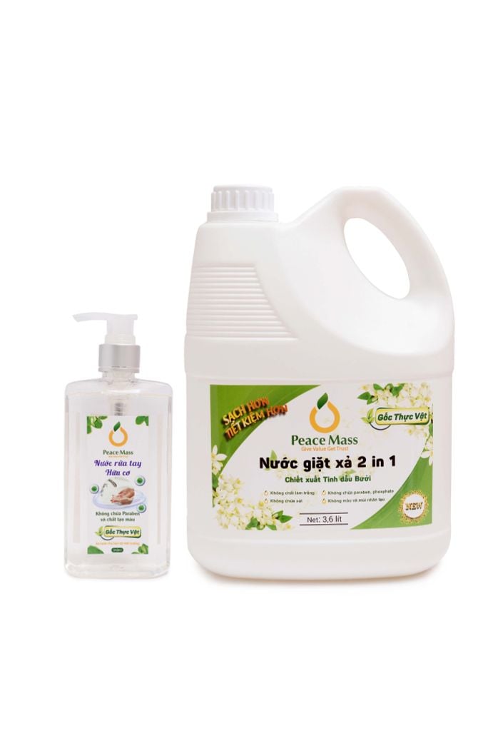  NGB2 Combo Sản Phẩm Gốc Thực Vật Peace Mass Nước Giặt Xả 2 in 1 3.6 lít + Nước Rửa Tay 340ml 