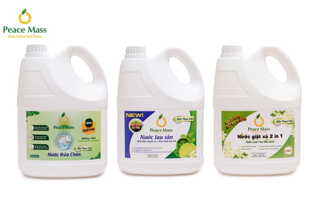  NGB5 Combo Sản Phẩm Gốc Thực Vật Peace Mass - Nước Giặt Xả 2 in 1 3.6l+ Nước Rửa Chén 3.6l + Nước Lau Sàn TD Chanh Sả - Bạc Hà 3.6l 