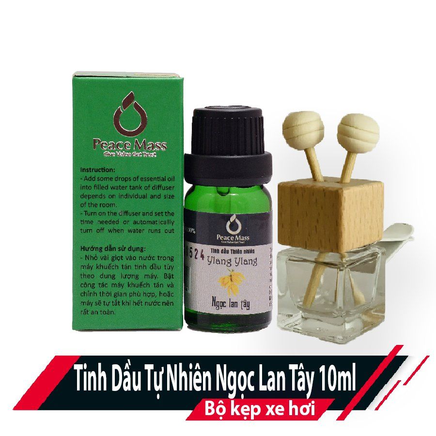  TD10ml-KX4 Combo Tinh Dầu Ngọc Lan Tây Peace Mass 10ml - Bộ Kẹp Xe Ô tô - Ylang Ylang 