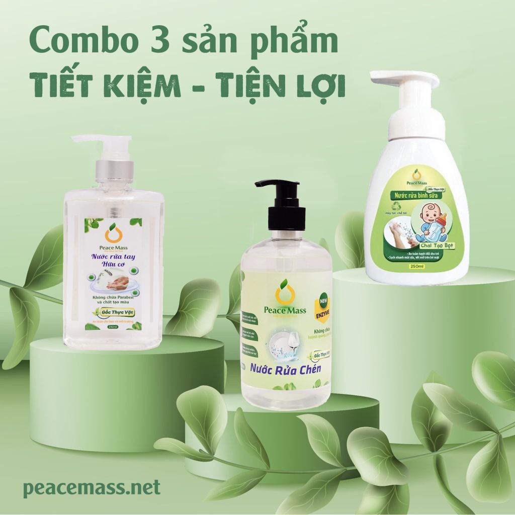  RBSC7 Combo Sản Phẩm Gốc Thực Vật Peace Mass Nước Rửa Bình Sữa 250ml (Chai tạo bọt) + Nước Rửa Tay 340ml + Nước Rửa Chén 500ml 