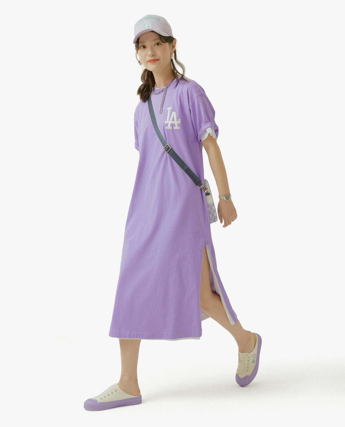 MLB - Đầm midi nữ ngắn tay cổ tròn Logo Basic