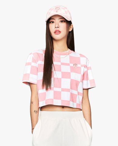  MLB - Áo croptop nữ cổ tròn tay ngắn Checkerboard Allover 