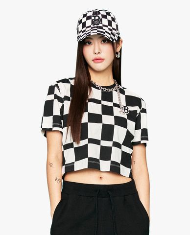  MLB - Áo croptop nữ cổ tròn tay ngắn Checkerboard Allover 
