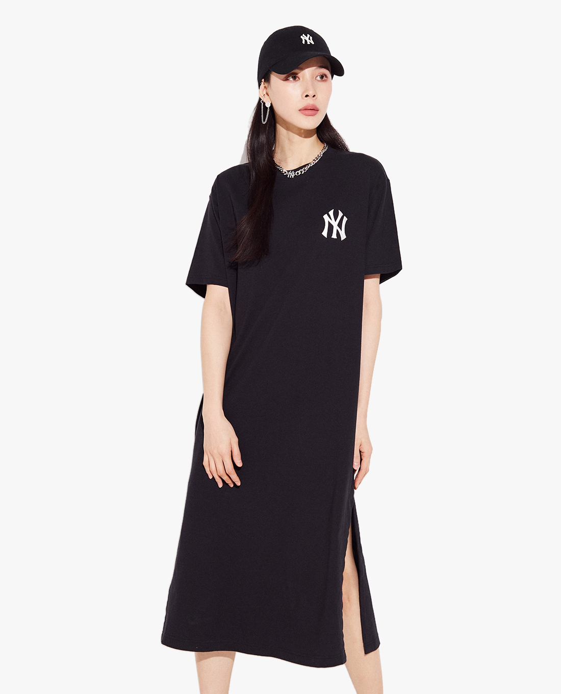 MLB - Đầm midi tay ngắn cổ tròn xẻ tà Wms Basic