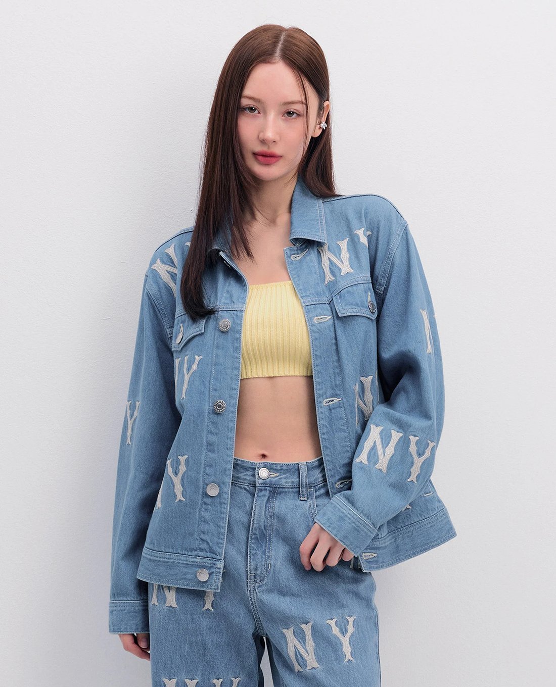 MLB - Áo khoác denim unisex cổ bẻ tay dài Basic Embroidery Multi Logo
