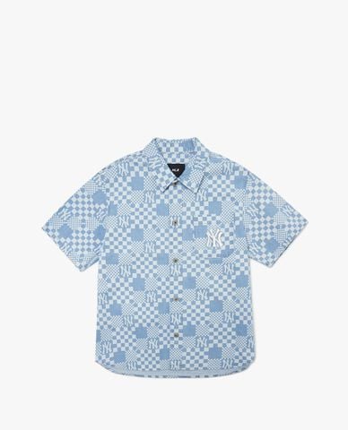  MLB - Áo sơ mi denim tay ngắn Checkerboard Monogram Denim 
