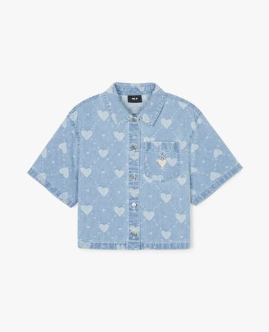  MLB - Áo sơ mi denim nữ cổ bẻ tay ngắn phom croptop Heart Jacquard 