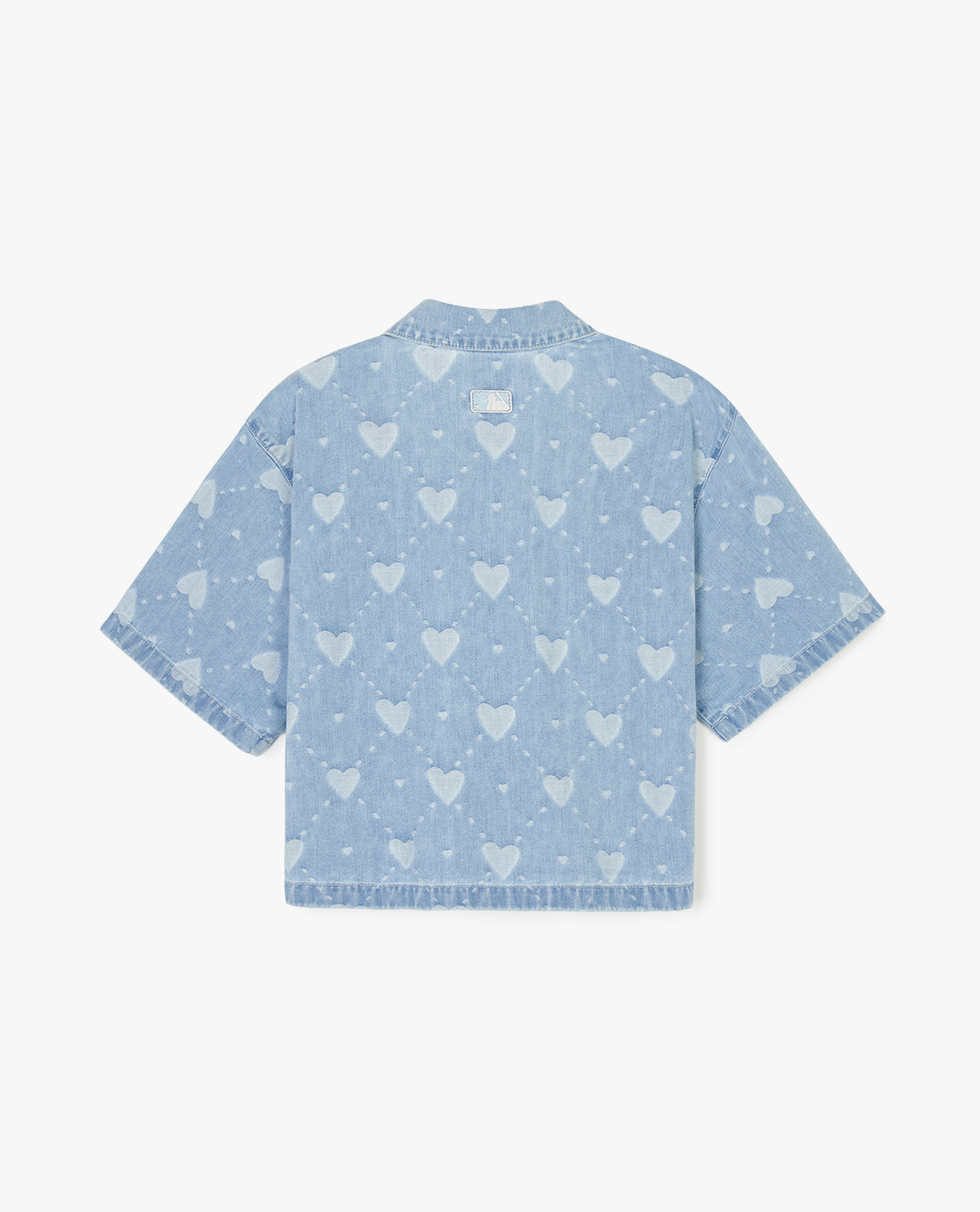 ◆MLB Korea◆ Denim-like monotiv pocket overfit short sleeve MLB - Áo sơ mi denim nữ cổ bẻ tay ngắn phom croptop Heart