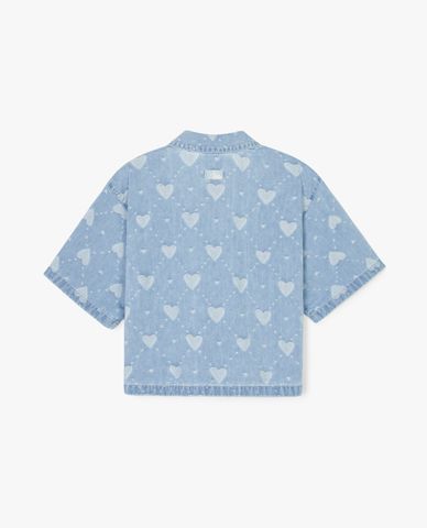  MLB - Áo sơ mi denim nữ cổ bẻ tay ngắn phom croptop Heart Jacquard 