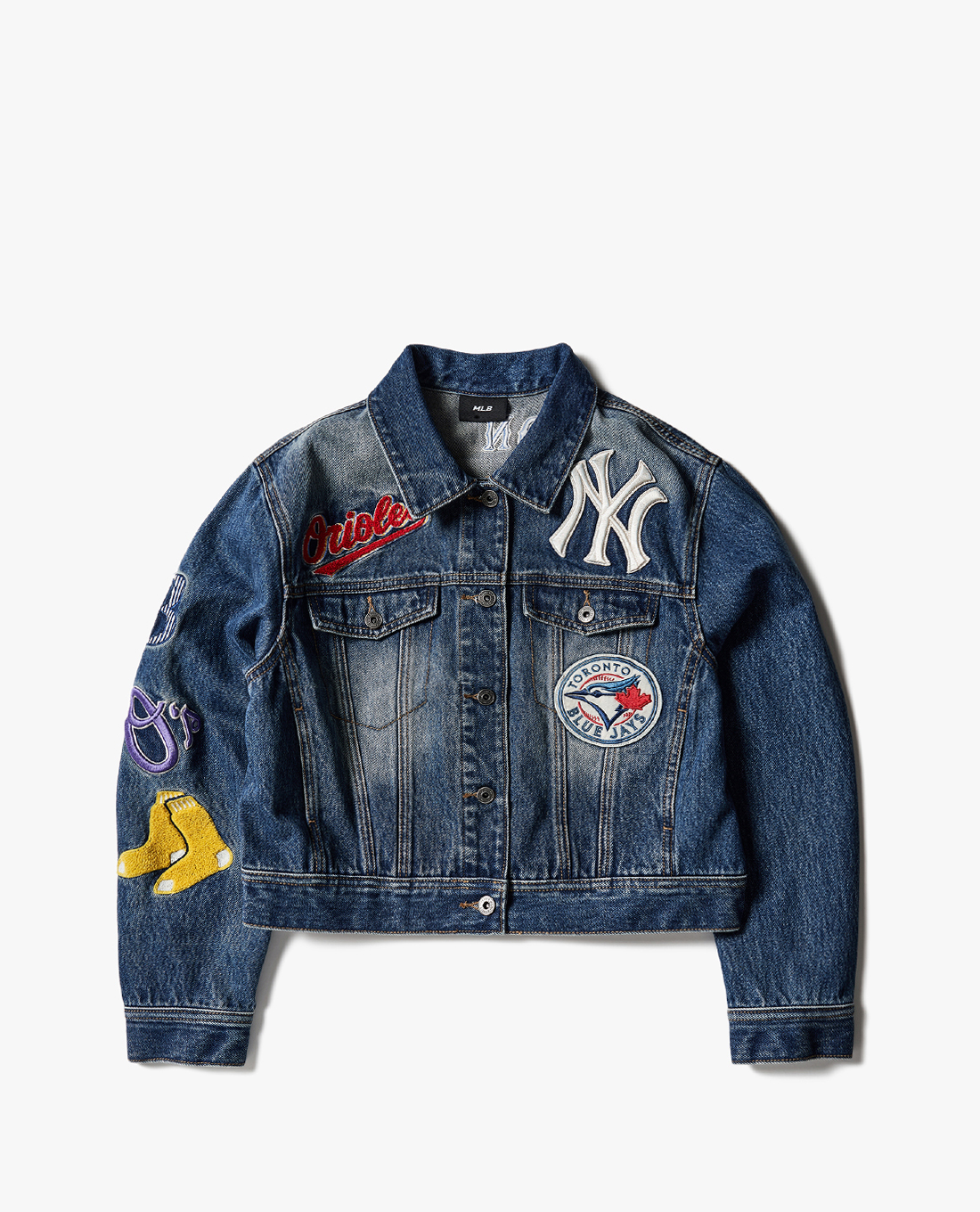 MLB - Áo khoác denim nữ cổ bẻ tay dài phom lửng Waffen Patchwork