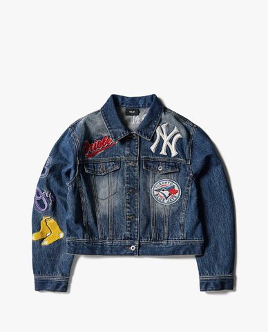  MLB - Áo khoác denim nữ cổ bẻ tay dài phom lửng Waffen Patchwork 