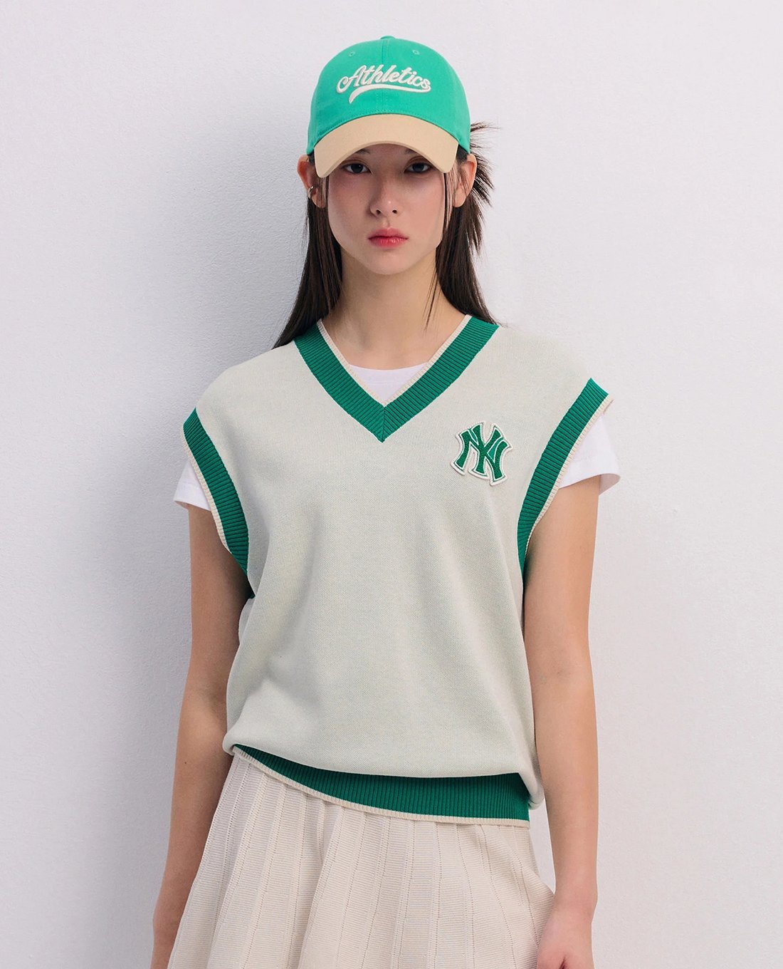 MLB - Áo khoác gilet unisex sát nách cổ V Wool Collar Varsity