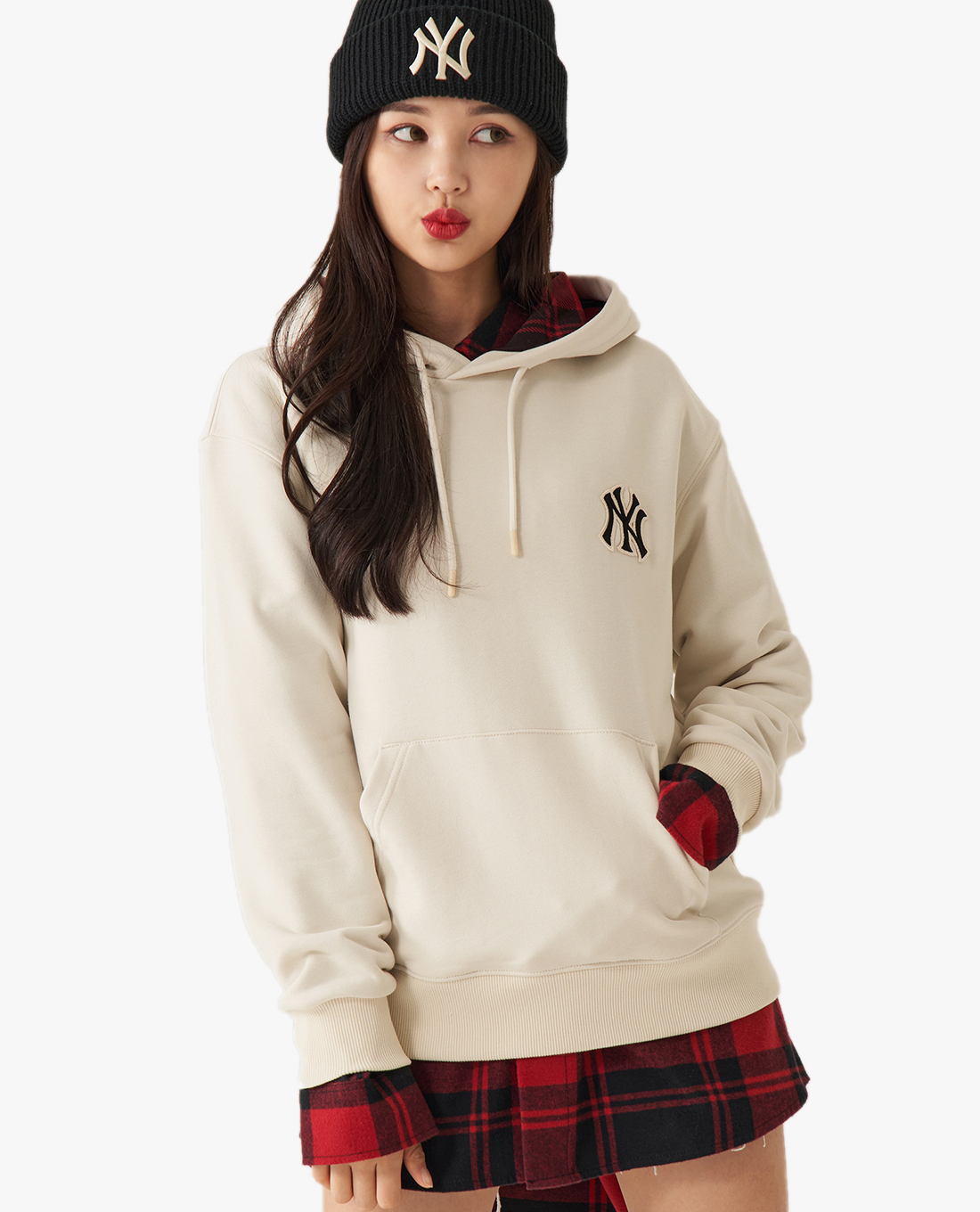 MLB - Áo hoodie tay dài phối mũ Check Big Logo