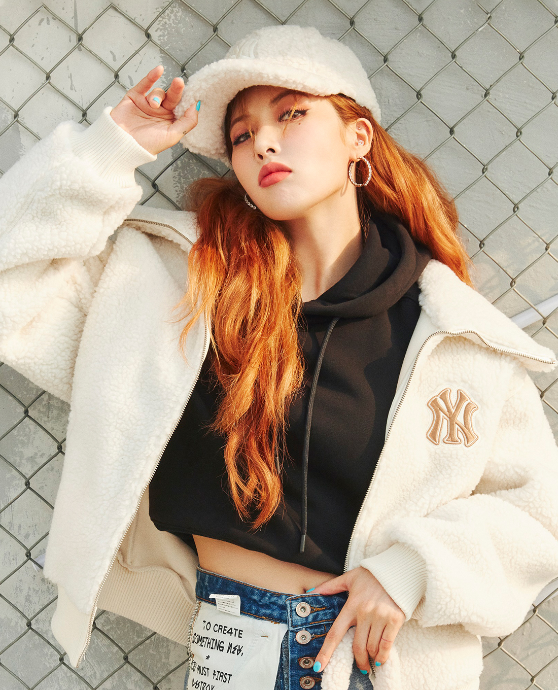 MLB - Áo khoác lông nữ cổ cao tay dài Fleece