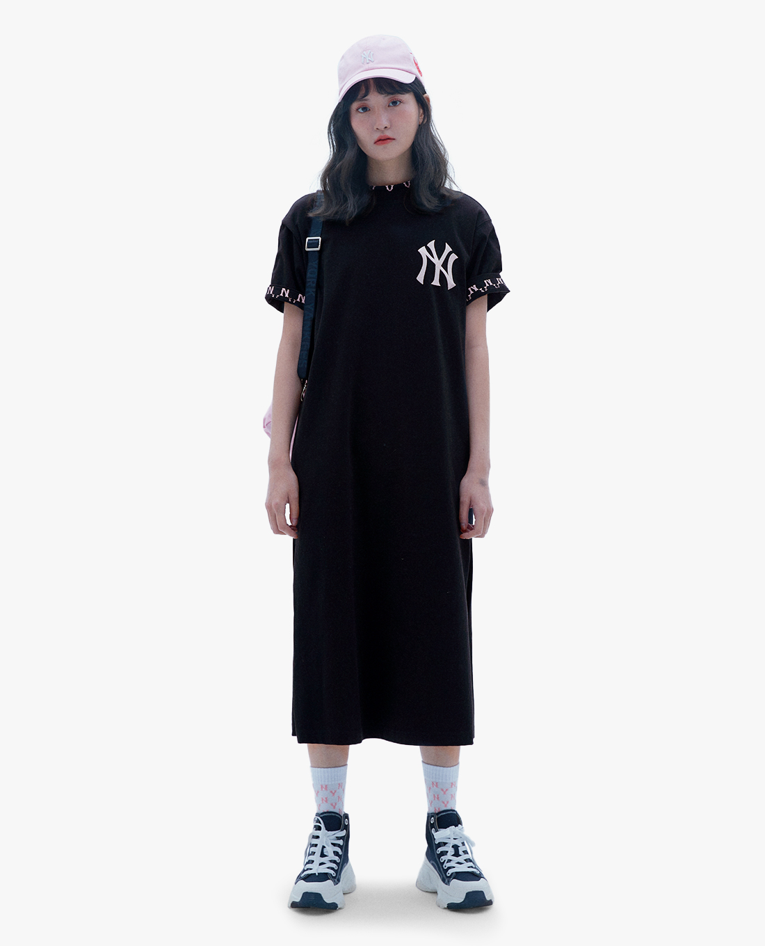 MLB - Đầm midi nữ ngắn tay cổ tròn Logo Basic