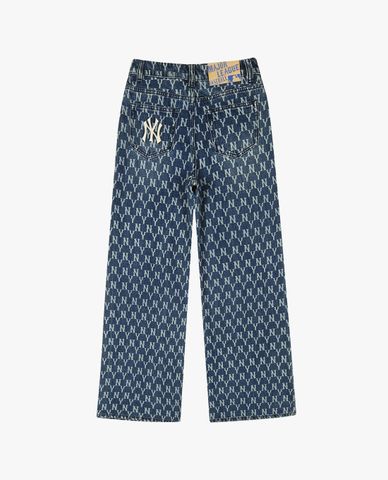  MLB - Quần jeans nữ ống rộng phối họa tiết monogram thời trang 