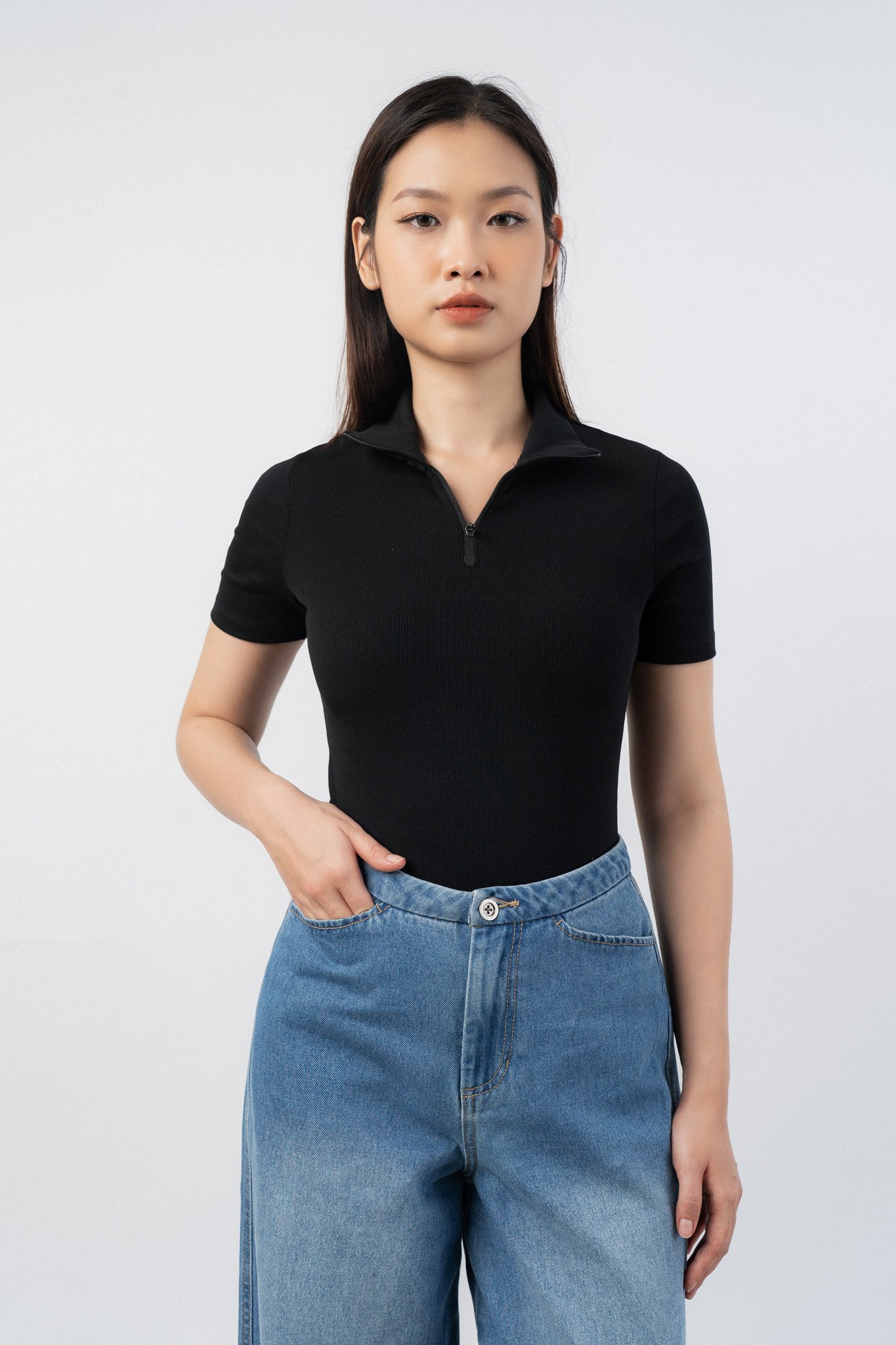 Áo bodysuit nữ cổ kéo khóa vải rib – ammofficial
