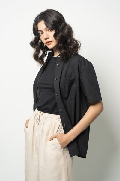  Áo sơ mi nữ cổ bẻ dáng rộng vải tencel 