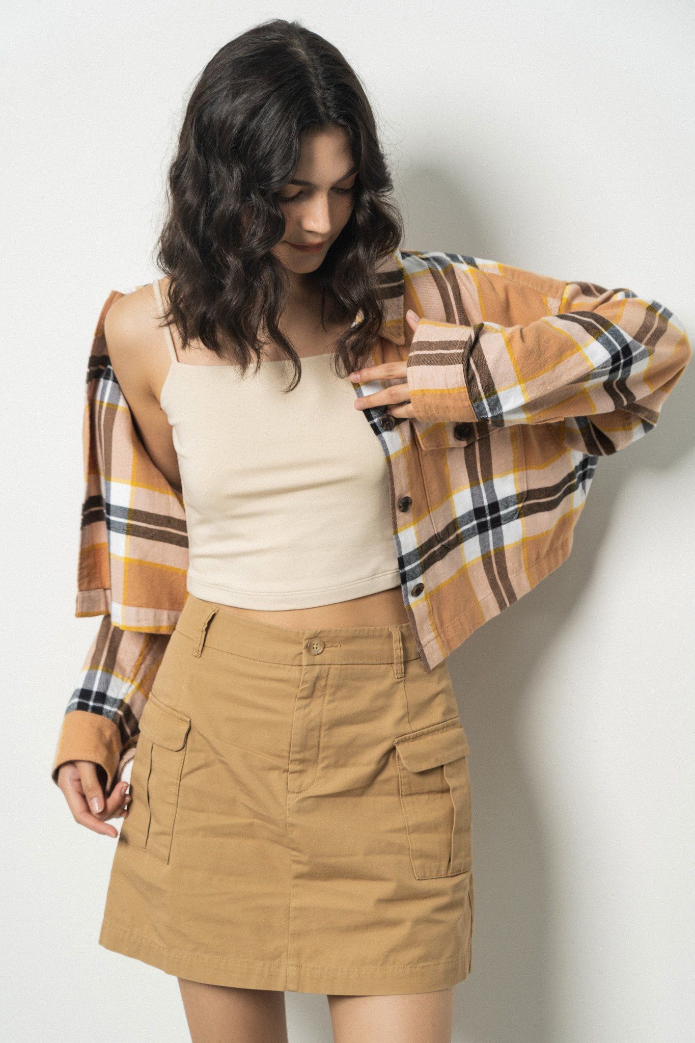  Áo sơ mi nữ flannel kẻ túi ngực 
