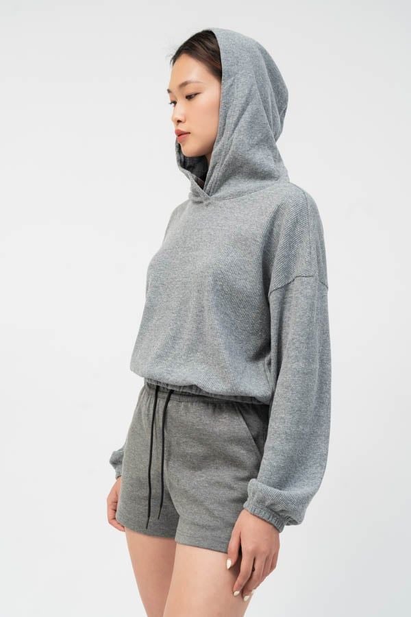  Áo hoodie nữ dáng lửng vải waffle 