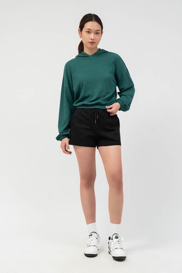 Áo hoodie nữ dáng lửng vải waffle 