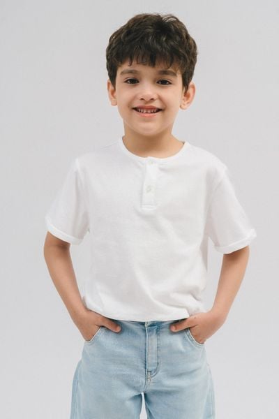  Áo phông bé trai cổ cài cúc vải cotton hữu cơ 