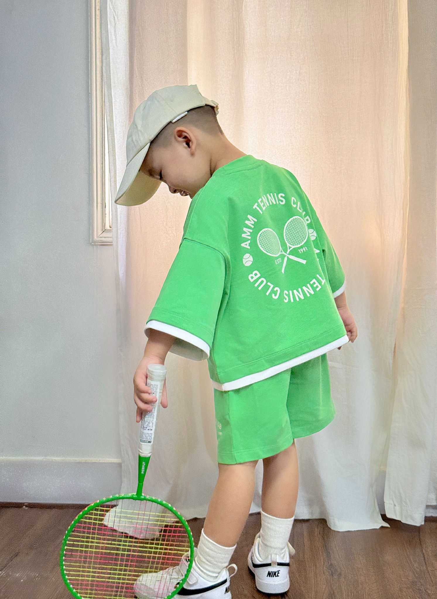  Bộ quần áo cotton bé trai phối vạt in họa tiết Tennis 