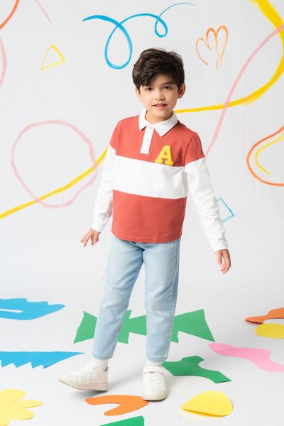  Áo polo phối màu dài tay bé trai in logo chữ A 