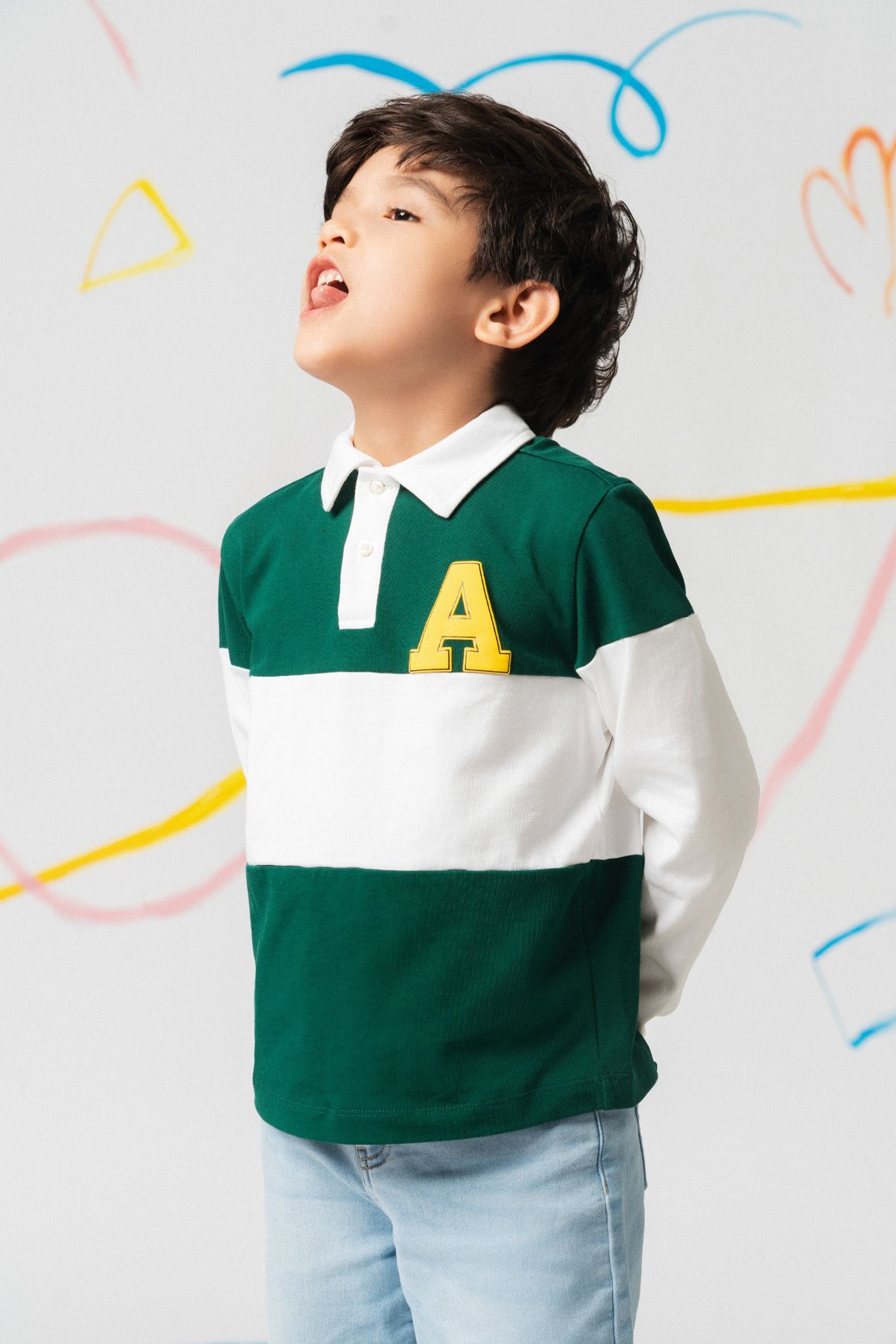  Áo polo phối màu dài tay bé trai in logo chữ A 