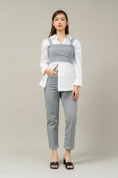  Quần jeans nữ dáng đứng vải denim kẻ 