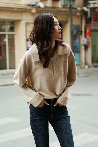  Áo cổ bẻ nữ dáng rộng kéo khóa 