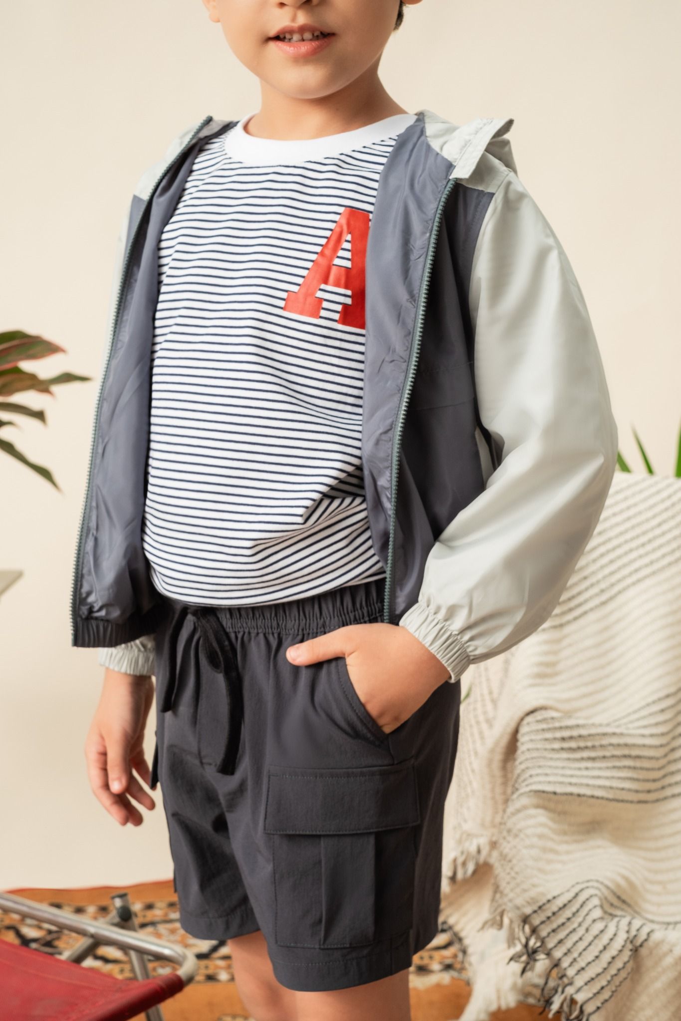  Áo khoác gió hai lớp unisex trẻ em phối màu có mũ 