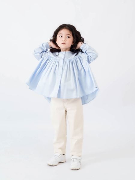  Áo cổ tròn vải cotton xếp nhún 