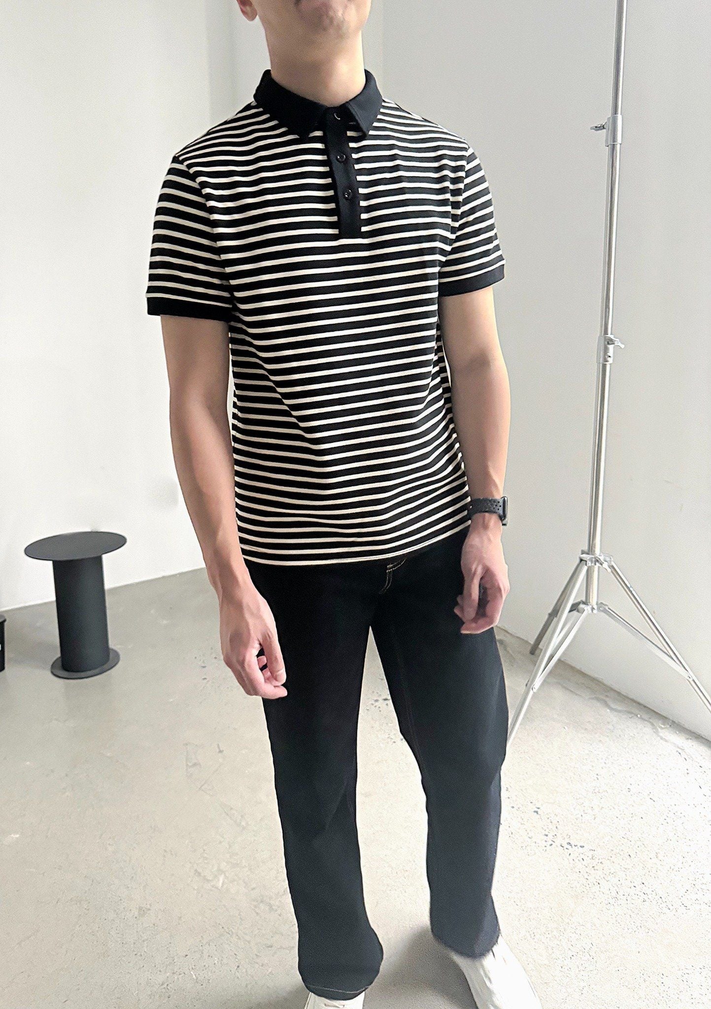  Áo polo nam dáng regular phối bo khác màu họa tiết kẻ 