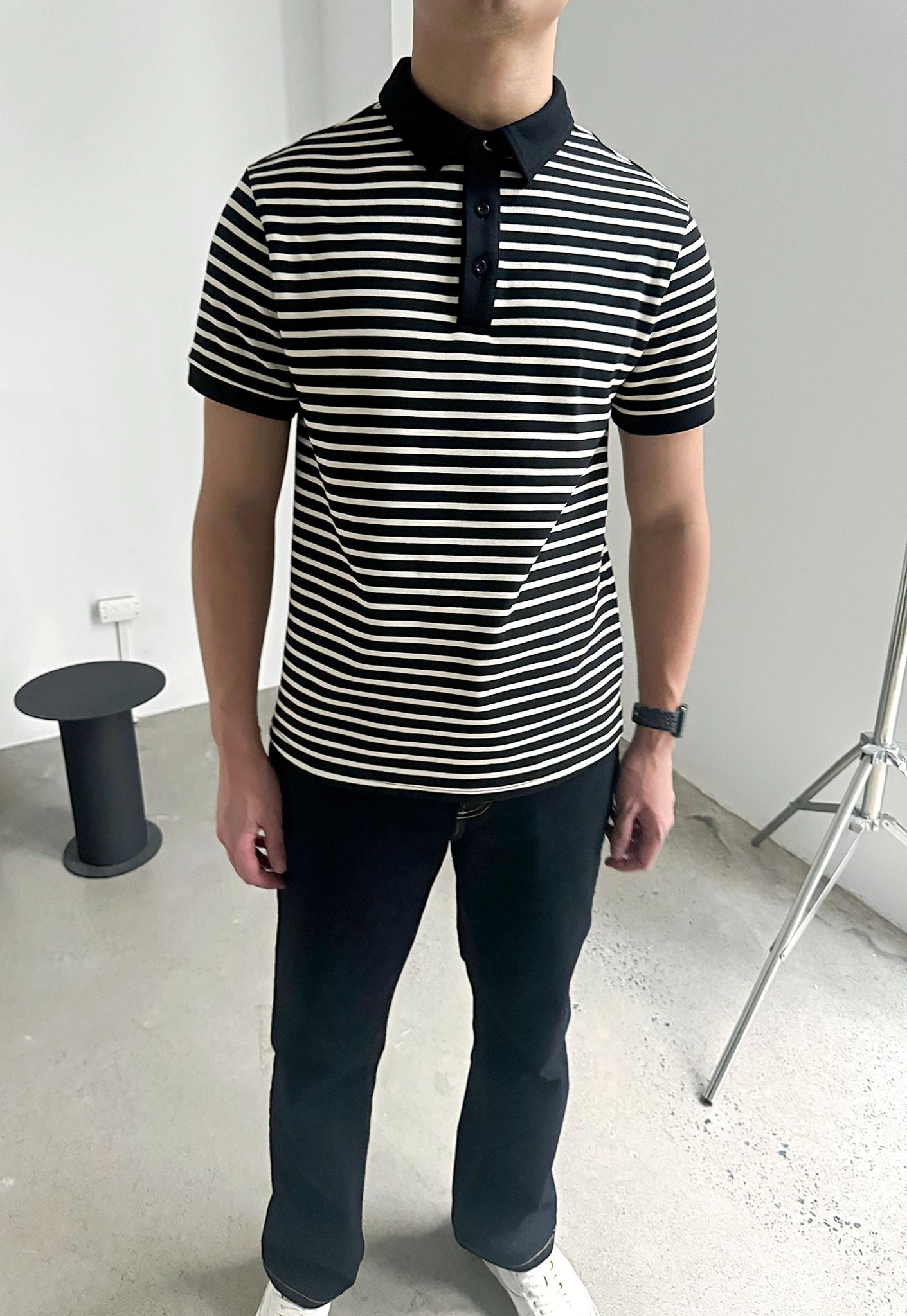  Áo polo nam dáng regular phối bo khác màu họa tiết kẻ 