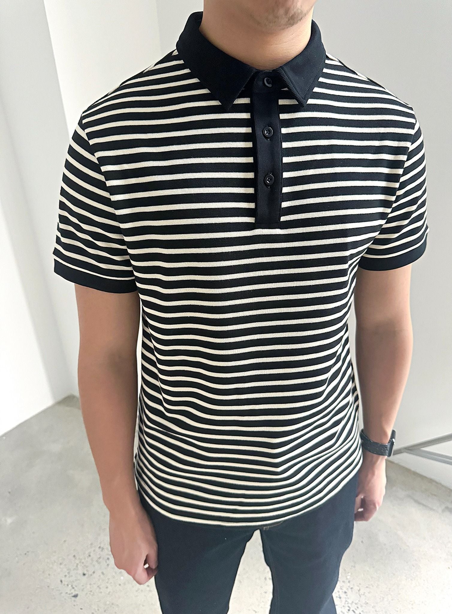  Áo polo nam dáng regular phối bo khác màu họa tiết kẻ 