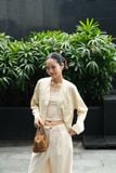  Áo kiểu Nữ dài tay dáng ngắn cổ V vải cotton thô 