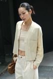  Áo kiểu Nữ dài tay dáng ngắn cổ V vải cotton thô 