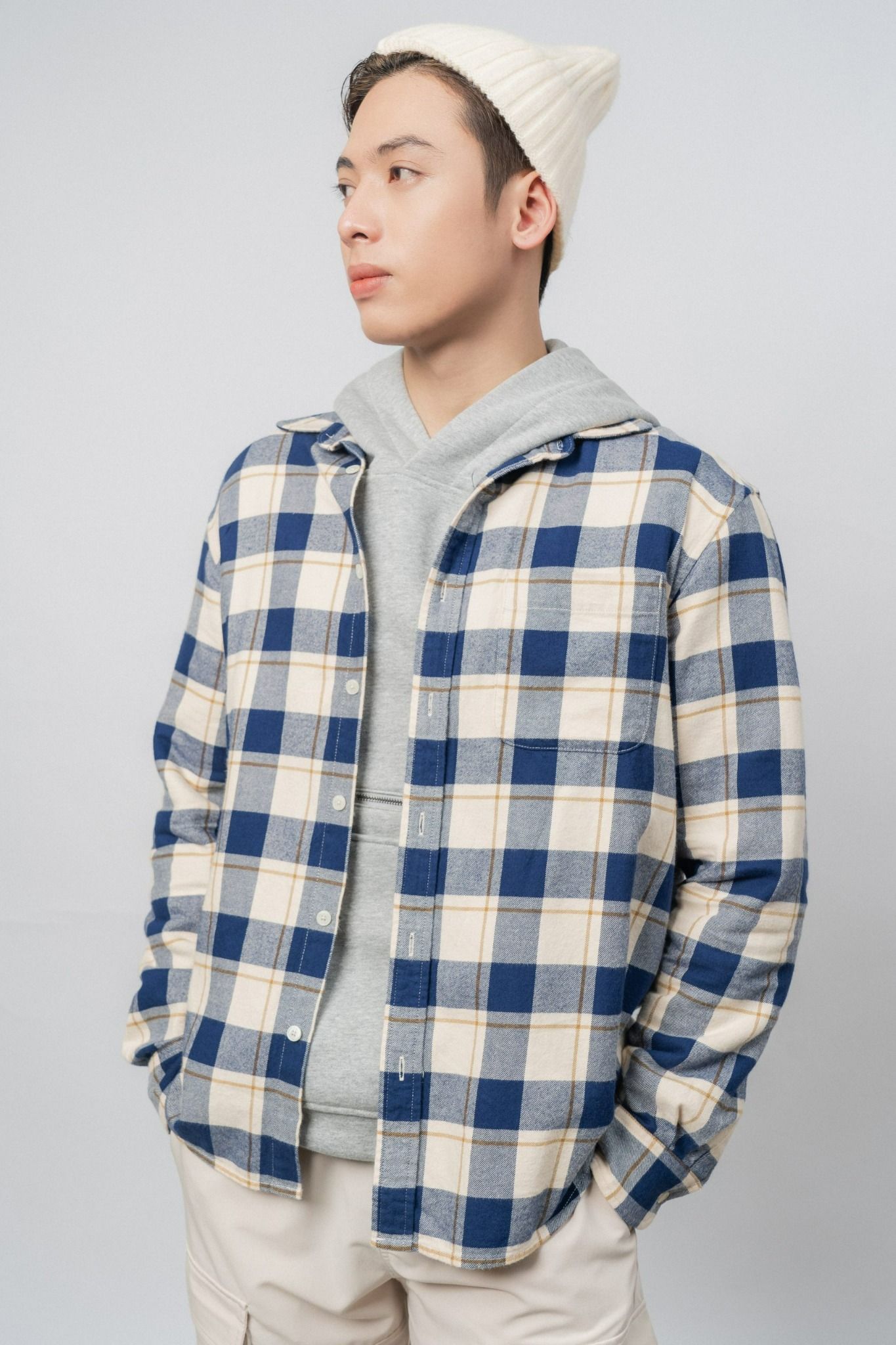  Áo sơ mi nam flannel kẻ có túi ngực 