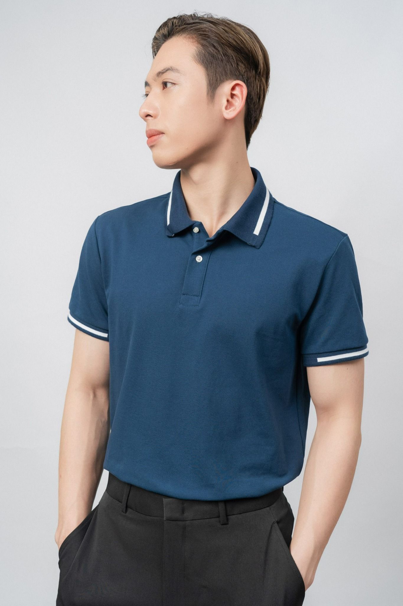  Áo polo nam cổ phối kẻ vải pique 