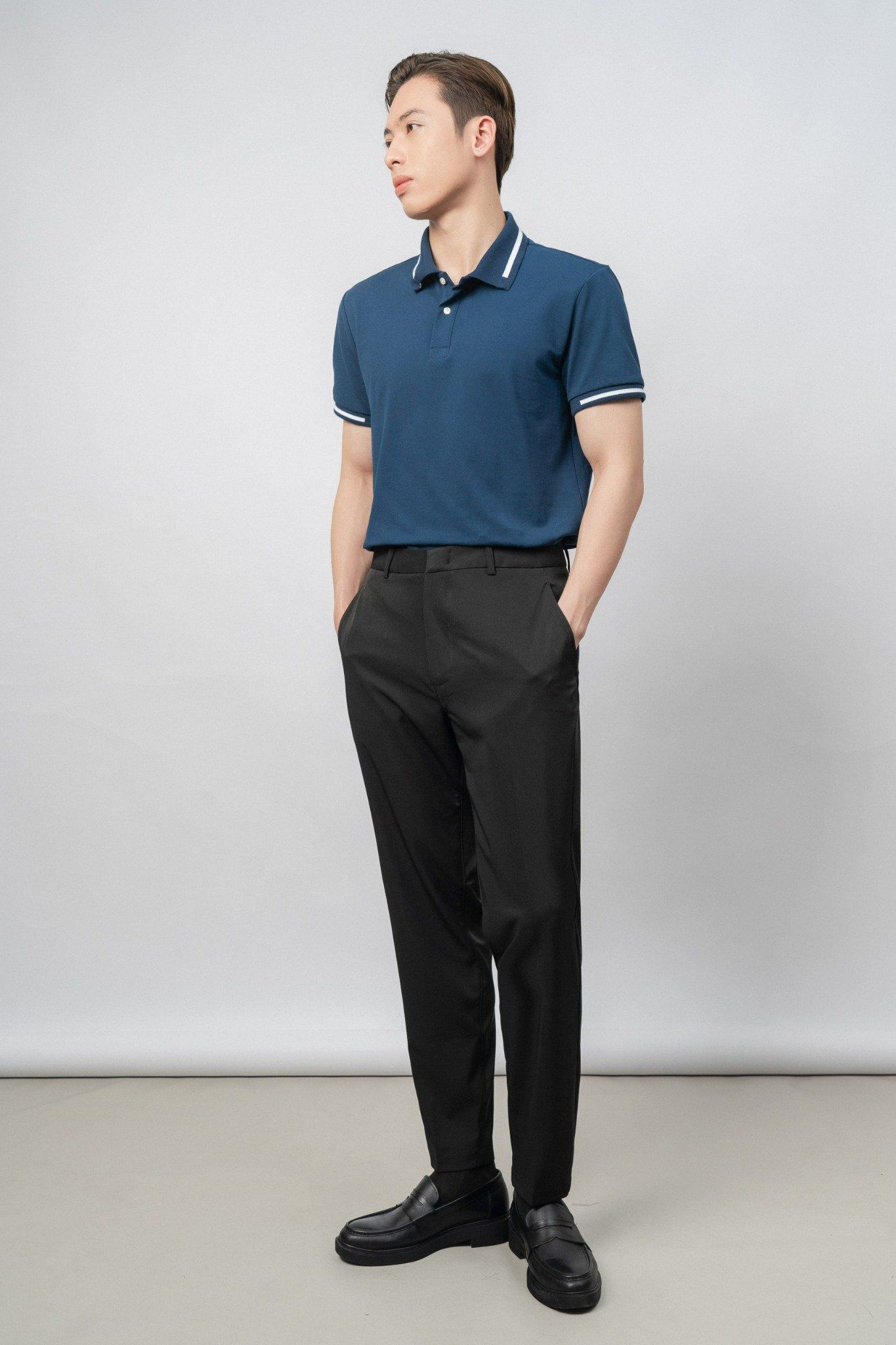  Áo polo nam cổ phối kẻ vải pique 