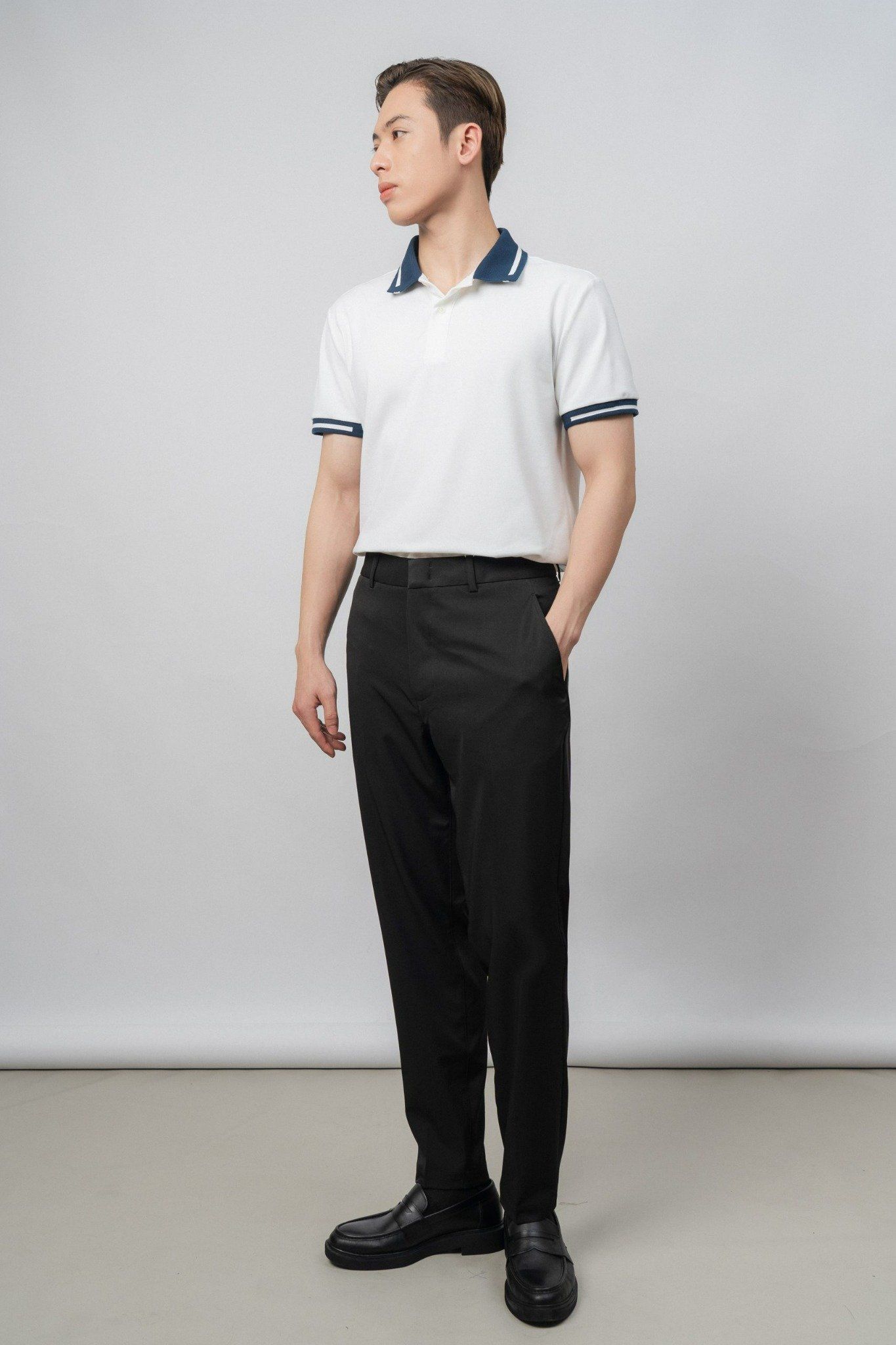  Áo polo nam cổ phối kẻ vải pique 