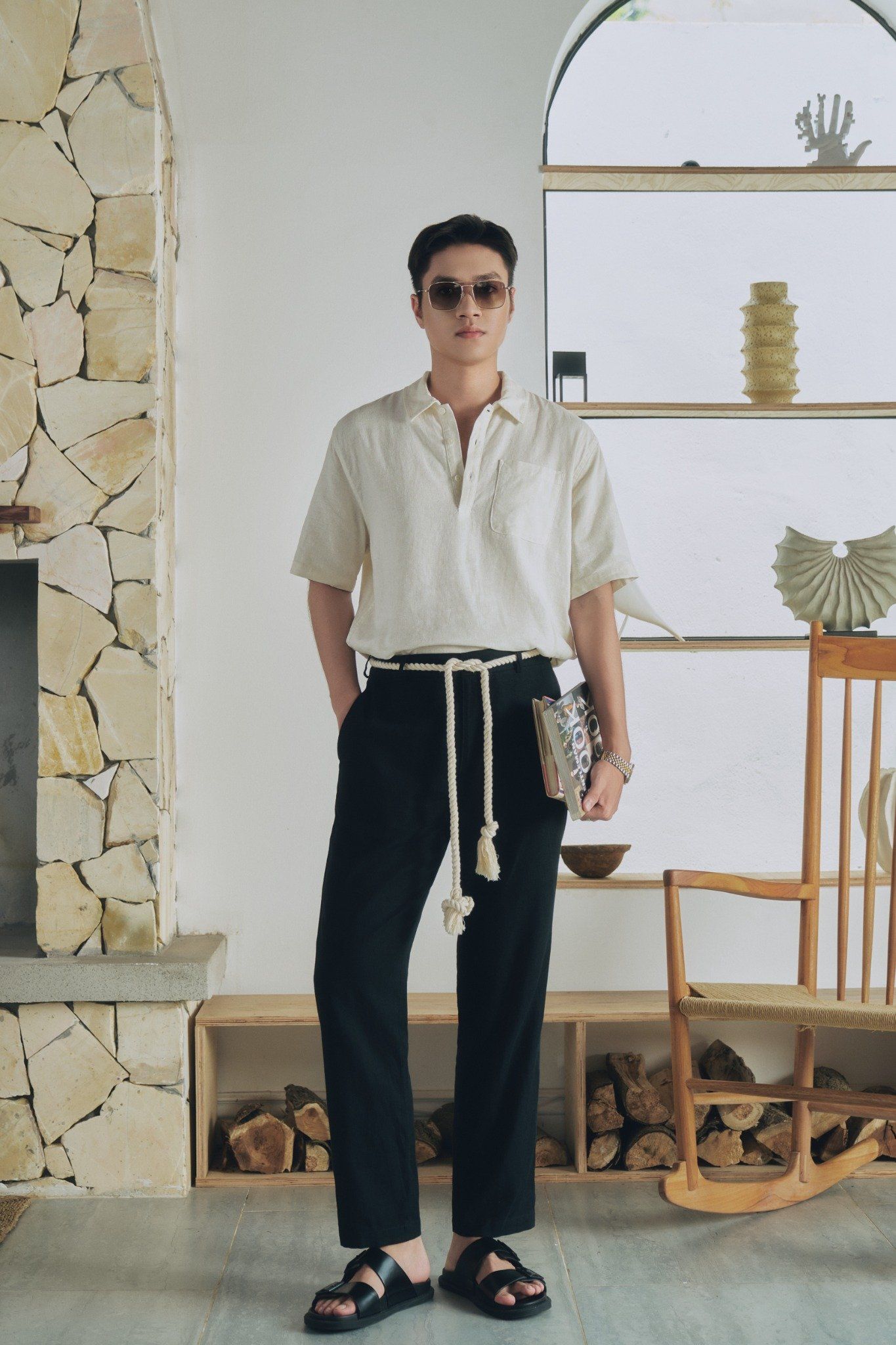  Áo sơ mi nam vải linen nẹp ngực 
