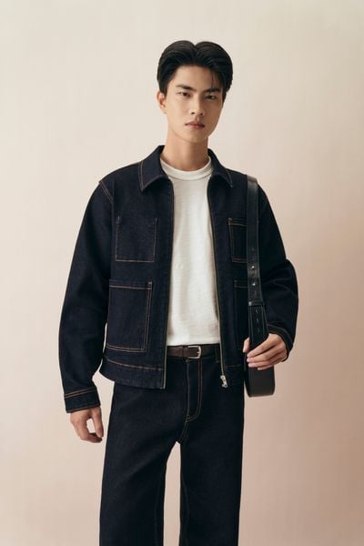  Áo khoác Denim nam khóa zip phối túi 