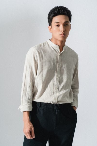  Áo sơ mi nam cổ tàu dài tay vải linen kẻ 