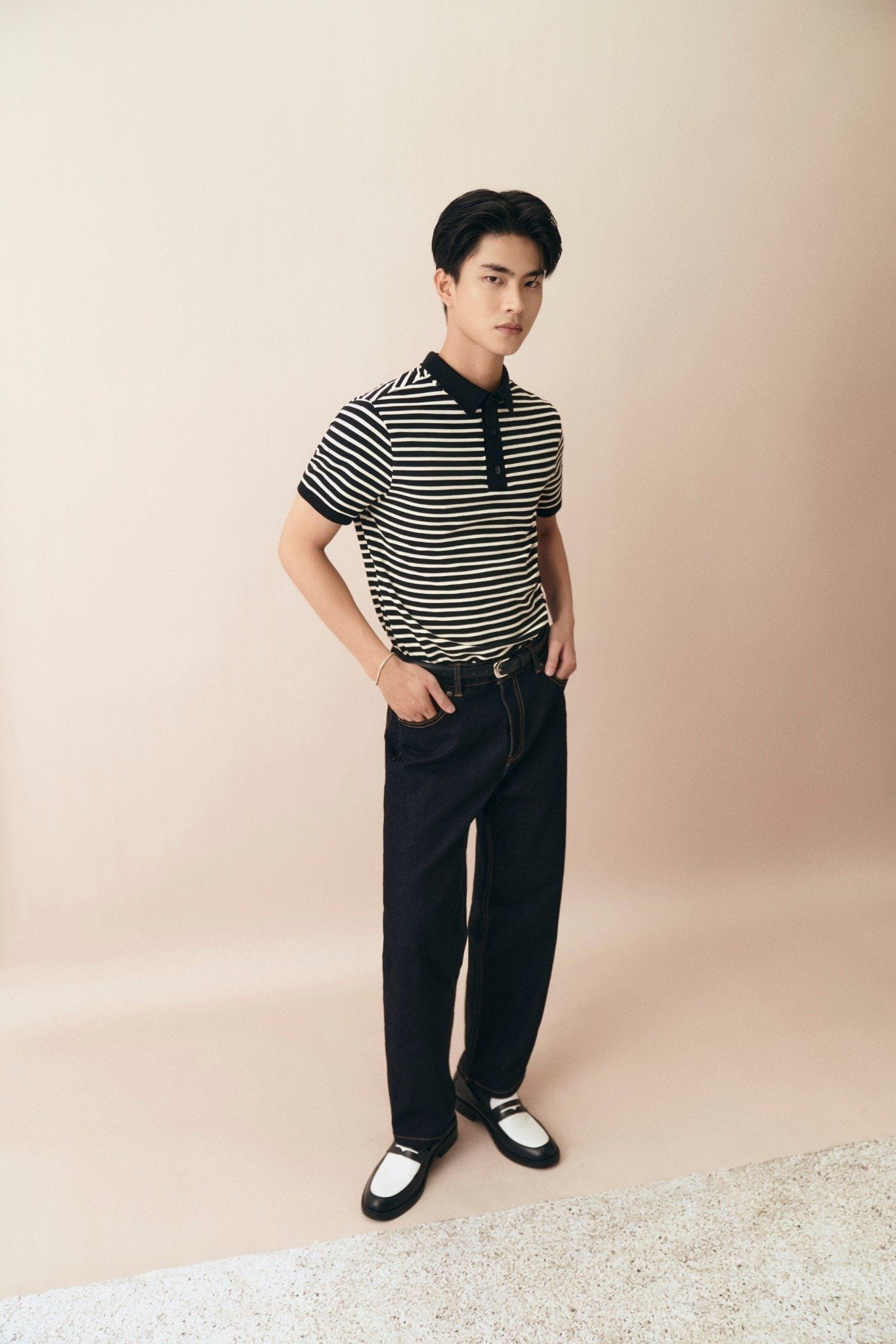  Áo polo nam dáng regular phối bo khác màu họa tiết kẻ 