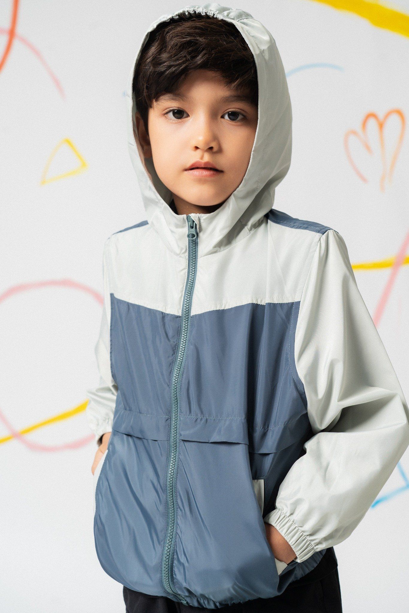  Áo khoác gió hai lớp unisex trẻ em phối màu có mũ 