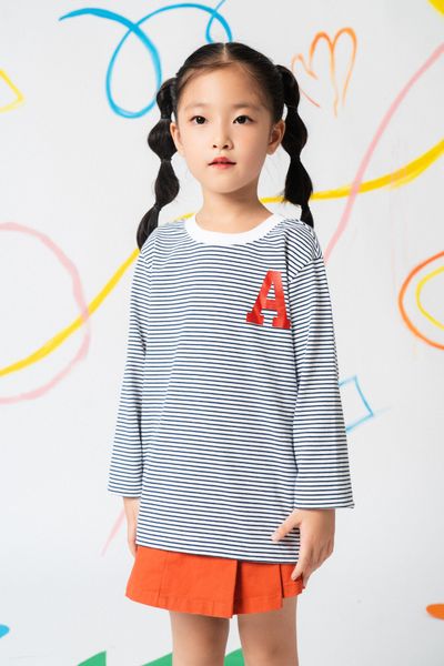  Áo phông kẻ dài tay unisex trẻ em in logo chữ A 